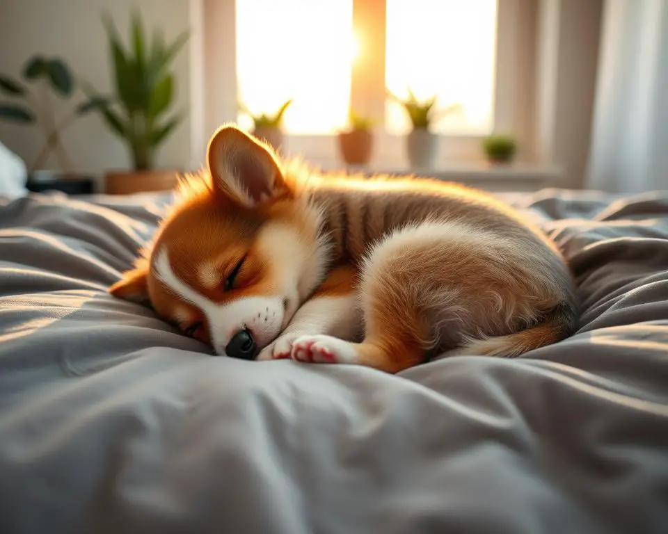 corgi puppy sleeping on a bed